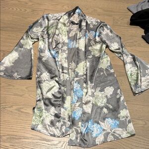 Satin Floral Kimono Robe in Gray with Blue & Green Floral - Unbranded